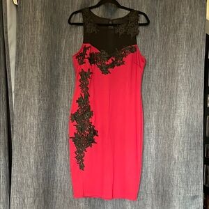 Womens 12 Lipsy Elegant Deep Red Dress with Black Lace Detailing